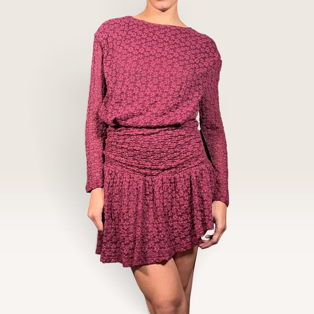 Lulus Zallie Wine Red Textured Drop Waist Mini Dress XS NWT Floral Lace Holidays - Picture 2 of 9